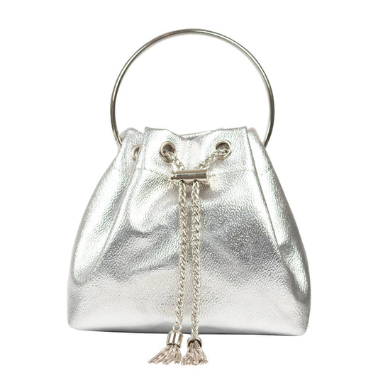 PEACH ACCESSORIES - A0518 Sophisticated Metallic Bucket Handbag with Chain: Silver