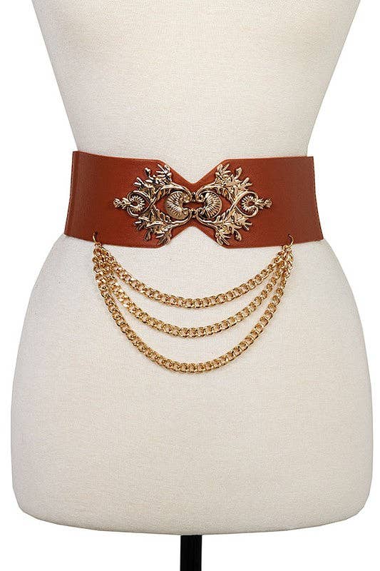 Andrea Bijoux - Eloborated Detail Drapped Chain Stretch Belt: Brown / ONE SIZE