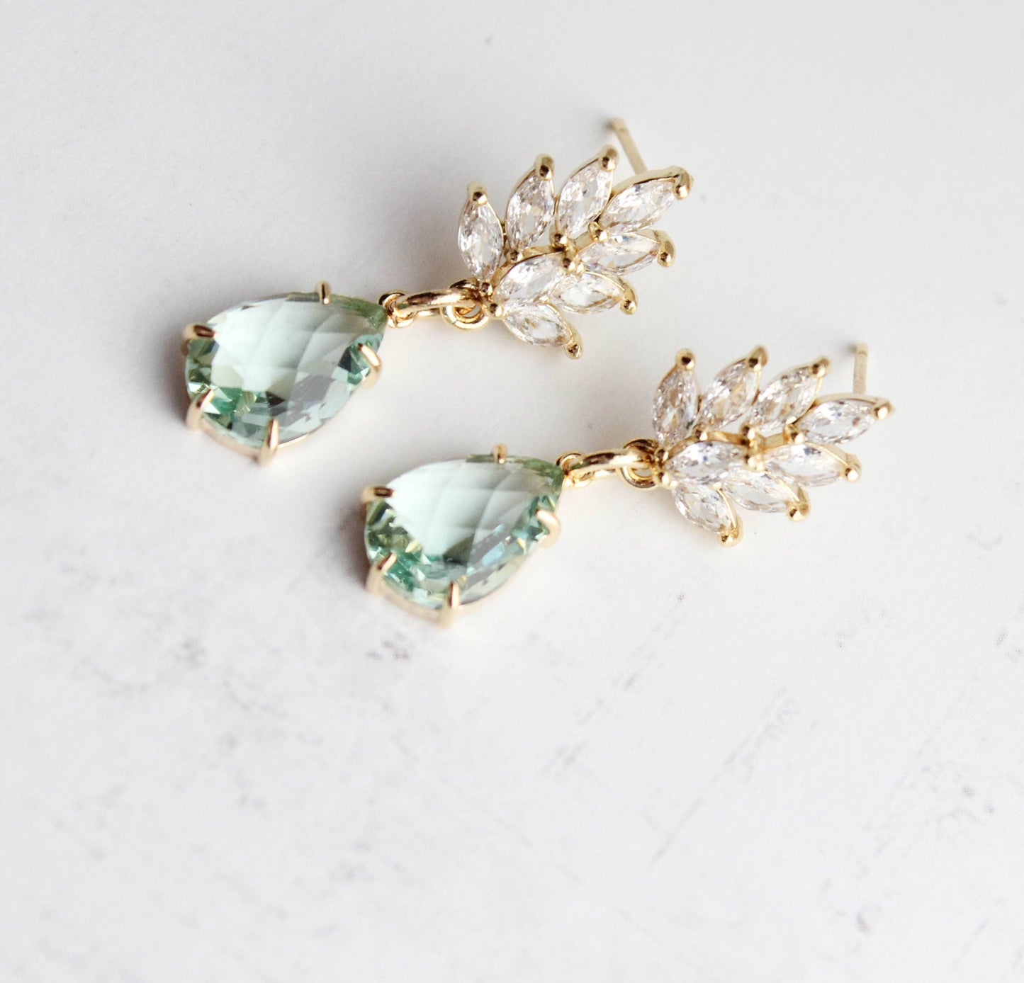 A Pocket of Posies - Glass Leaf Earrings | Rhinestone Studs | Gold or Silver: Gold Plated