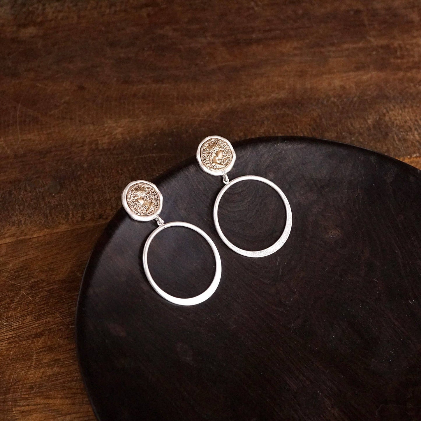 PennyLine inc - Boho Coin and Hoop Earrings – Silver & Gold Tone: Worn Silver Tone