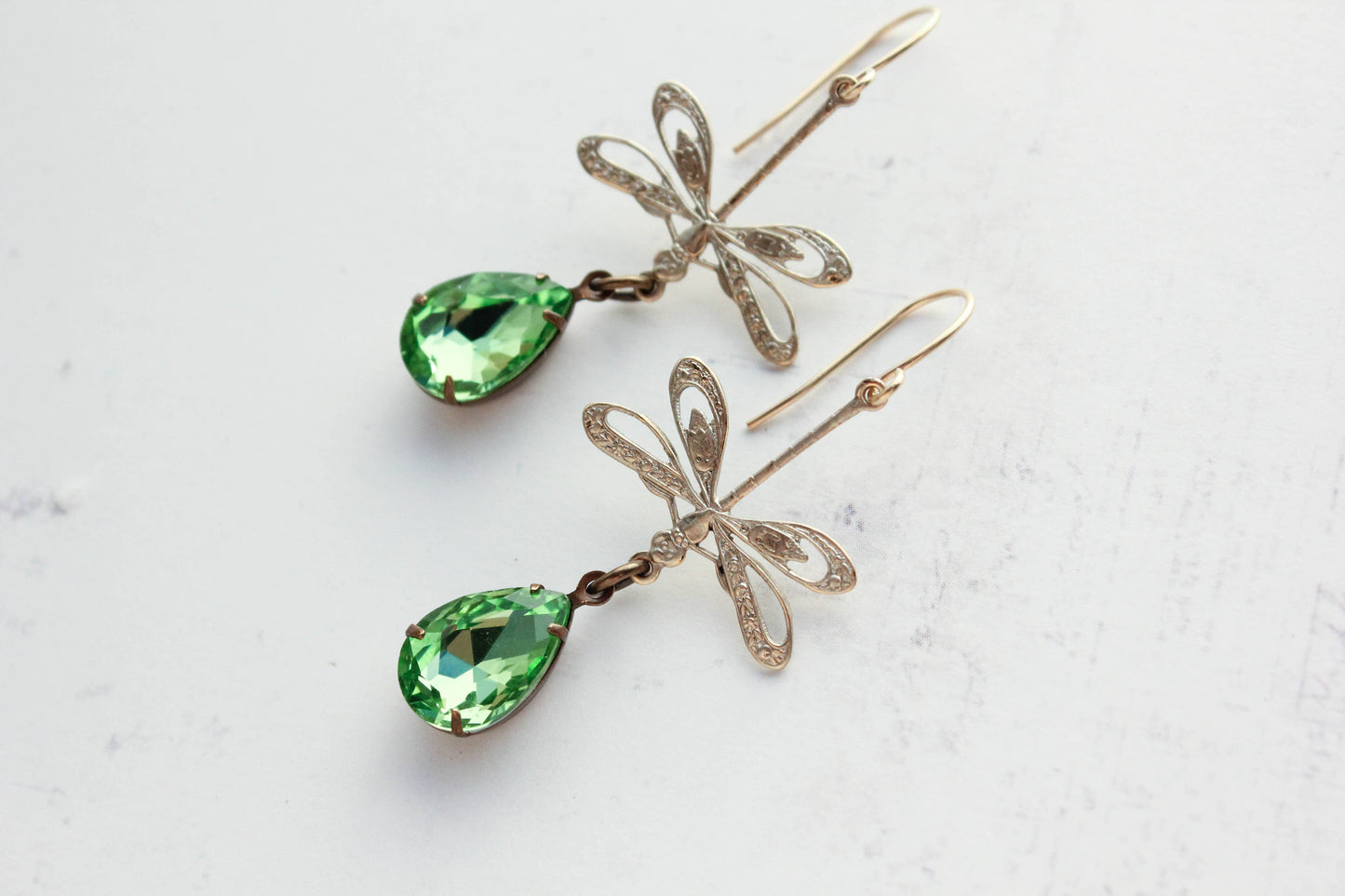 A Pocket of Posies - Dragonfly Earrings - Gold Patina and Green Glass