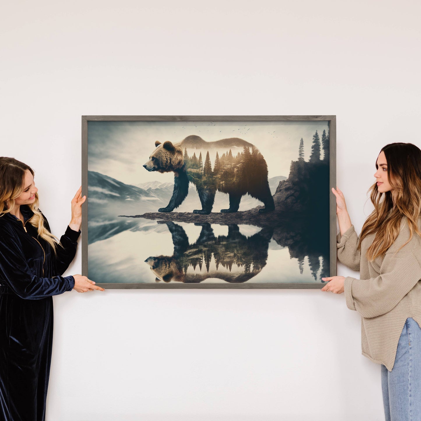 Hangout Home - Bear Double Exposure - Cabin Wall Art - Wood Framed Photo: 24x36" Extra Large Canvas Art with Thick Wood Frame