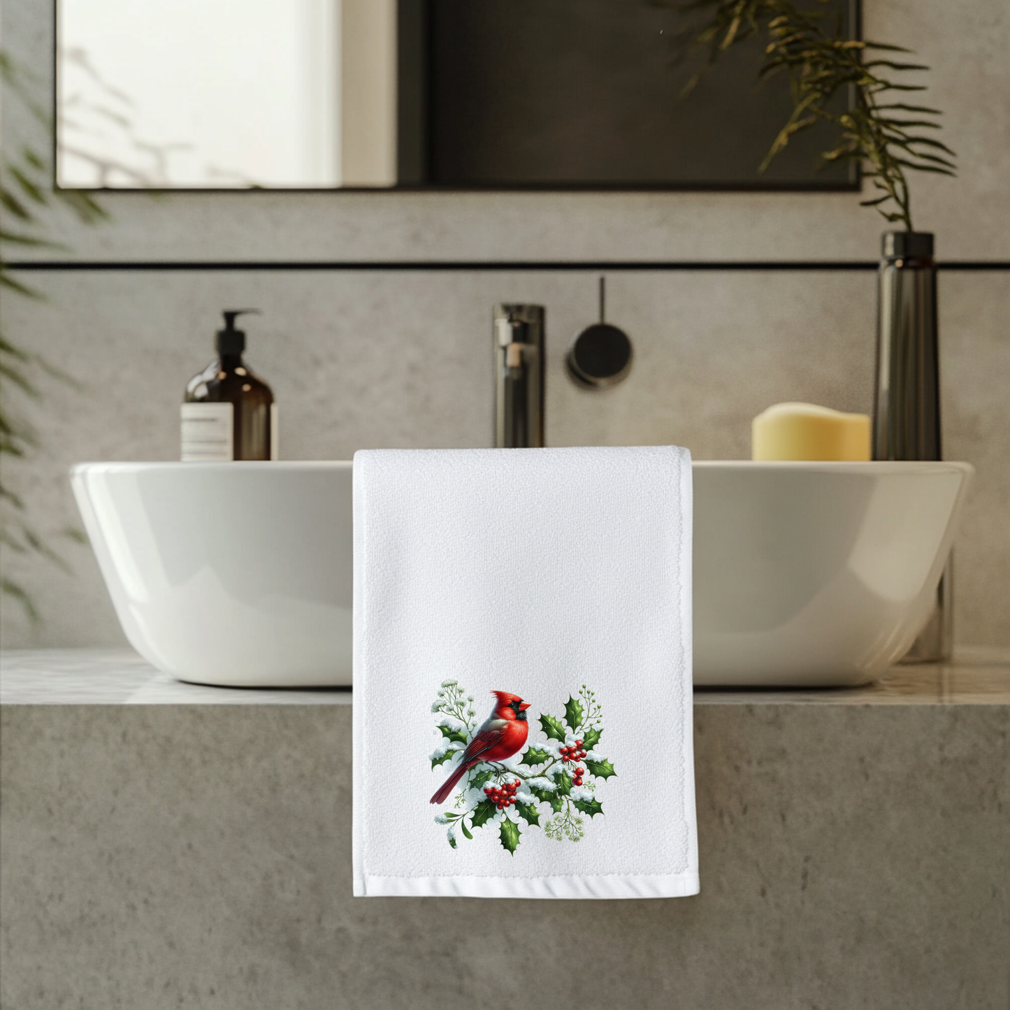 Fernville Creations - Cardinal Fingertip Towel, Winter Bath Accent, Powder Room To