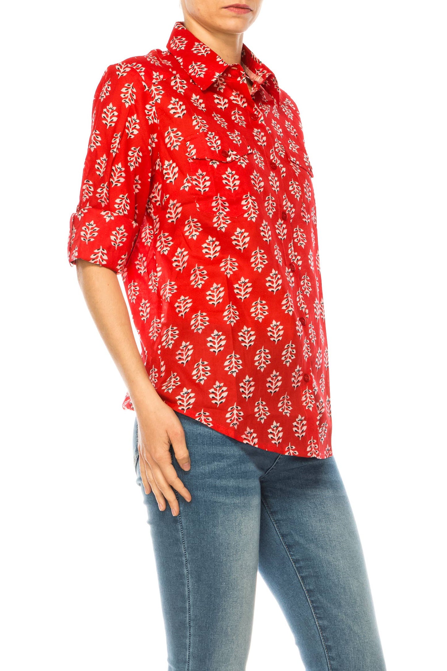 Magazine Clothing - Red Floral Button Down Shirt: Small