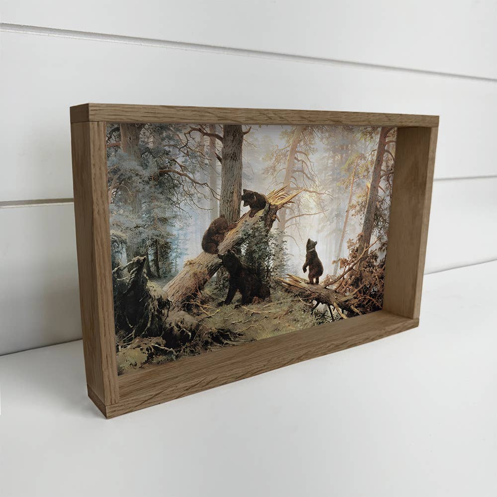 Hangout Home - Baby Bears in the Forest - Framed Animal Art - Cabin Art: 24x36" Extra Large Canvas Art with Thick Wood Frame