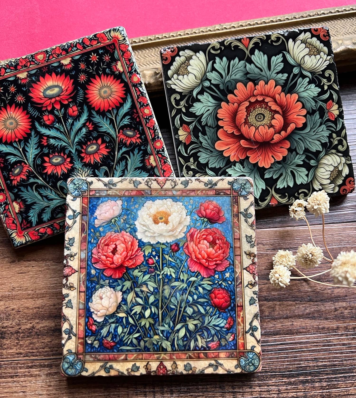 The Painted Lily - William Morris inspired stone coasters
