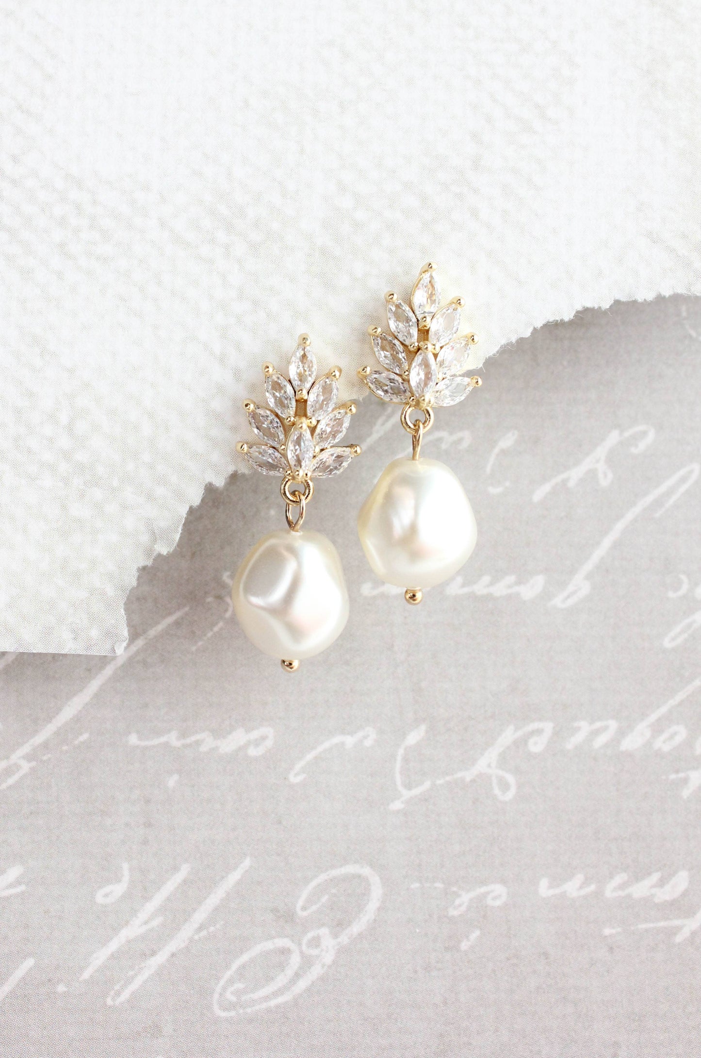 A Pocket of Posies - Glass Leaf Post Earrings | Baroque Pearl | Gold or Silver: Gold Plated