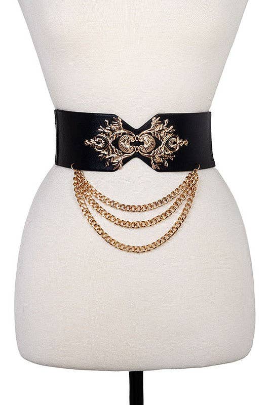 Andrea Bijoux - Eloborated Detail Drapped Chain Stretch Belt: Brown / ONE SIZE