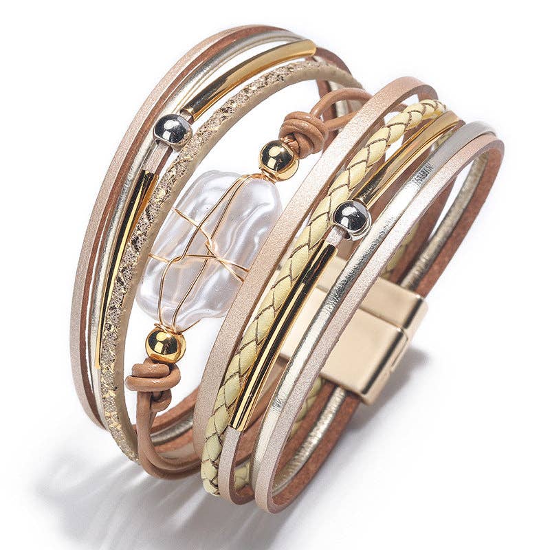 Mio Queena - Pearl Charm Leather Bracelet with Magnetic Buckle - LB: Brown