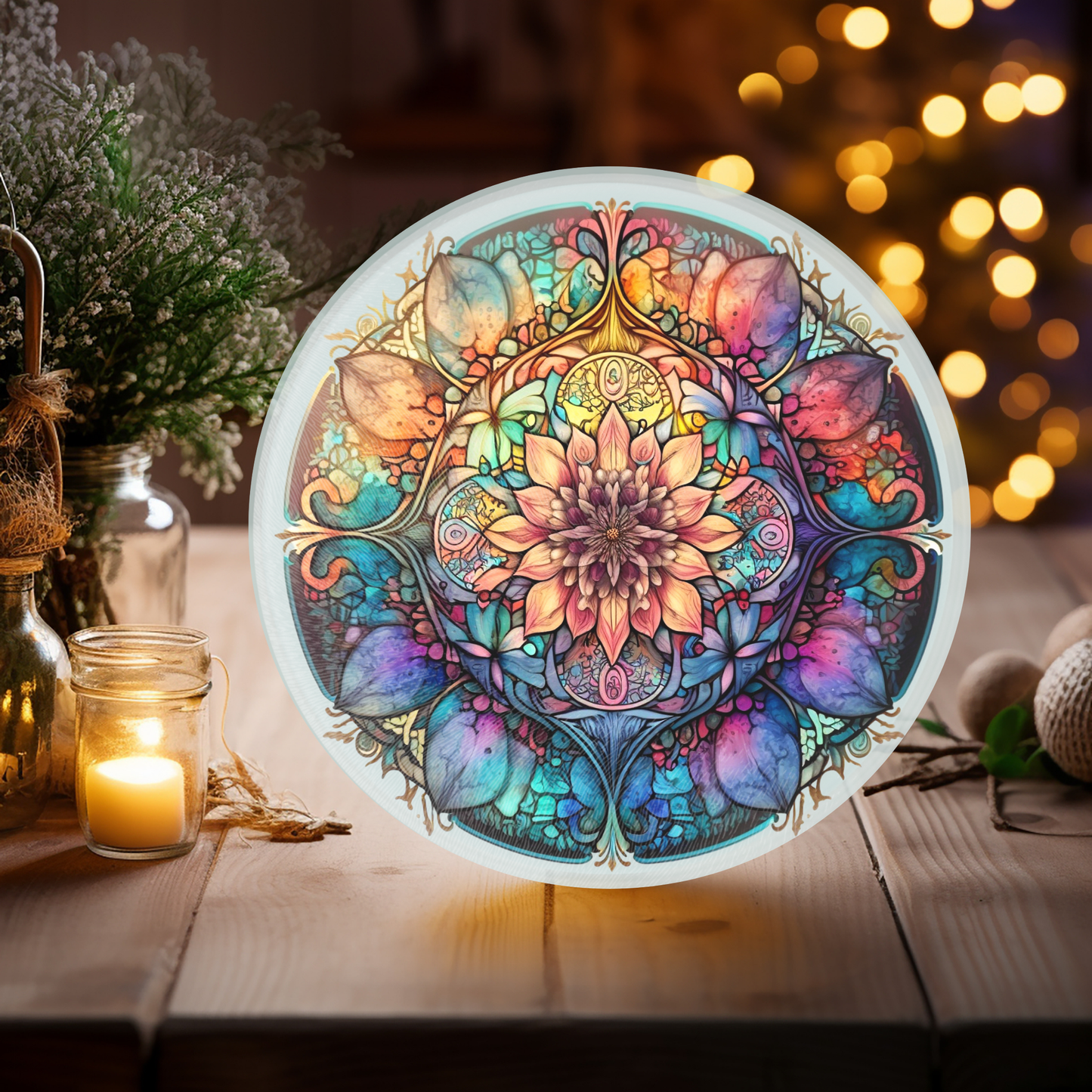 Fernville Creations - Mandala Cutting Board, Printed Image on Textured Glass: 12 Inch