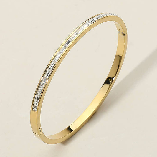 Sensibling Corp. - Baguette Stone Stainless Steel Hinged Bangle Bracelet: Yellow Gold