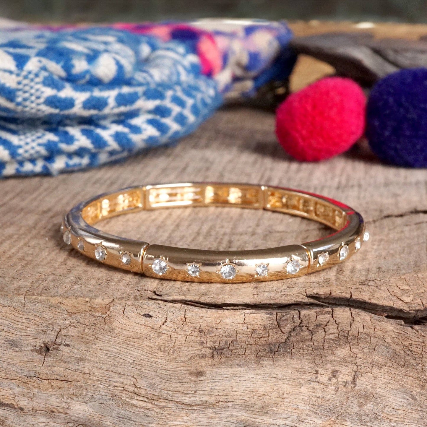 PennyLine inc - Gold-Tone Eternity Stretch Bangle – Pearls, Turquoise, or Crystals: Skinny - Clear Crystals