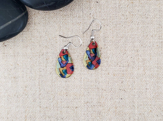 Covaly Artisan Jewelry - Alcohol Ink Stainless Steel Small Teardrop Earrings: Reds