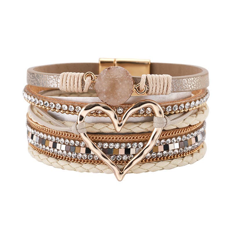 Mio Queena - Multi-Layer Heart Charm Bangle Bracelets - BJ/LB: Beige