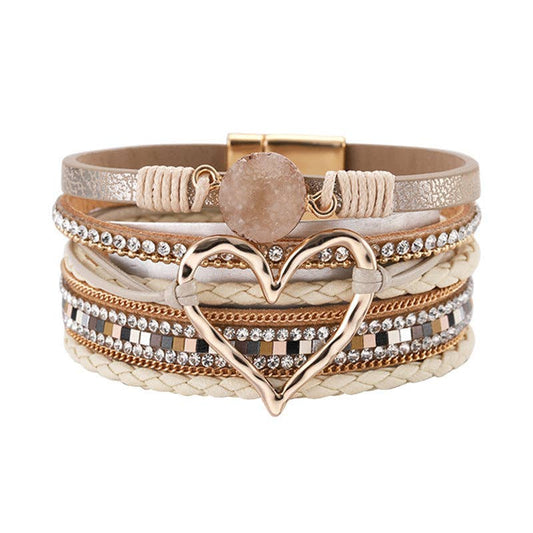 Mio Queena - Multi-Layer Heart Charm Bangle Bracelets - BJ/LB: Beige