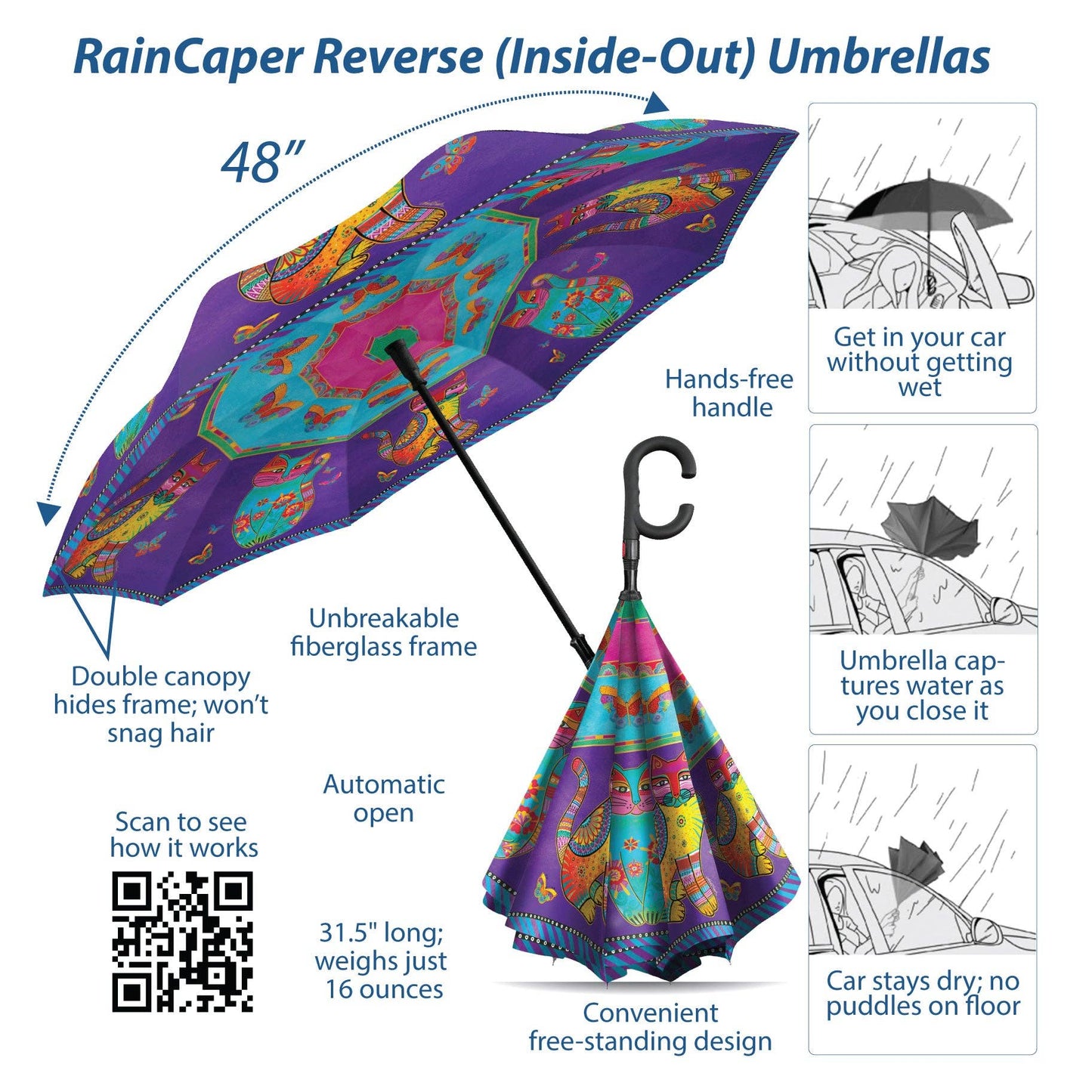 RainCaper - Laurel Burch Cats & Butterflies Reverse Inverted Umbrella – Hands-Free, Windproof Design