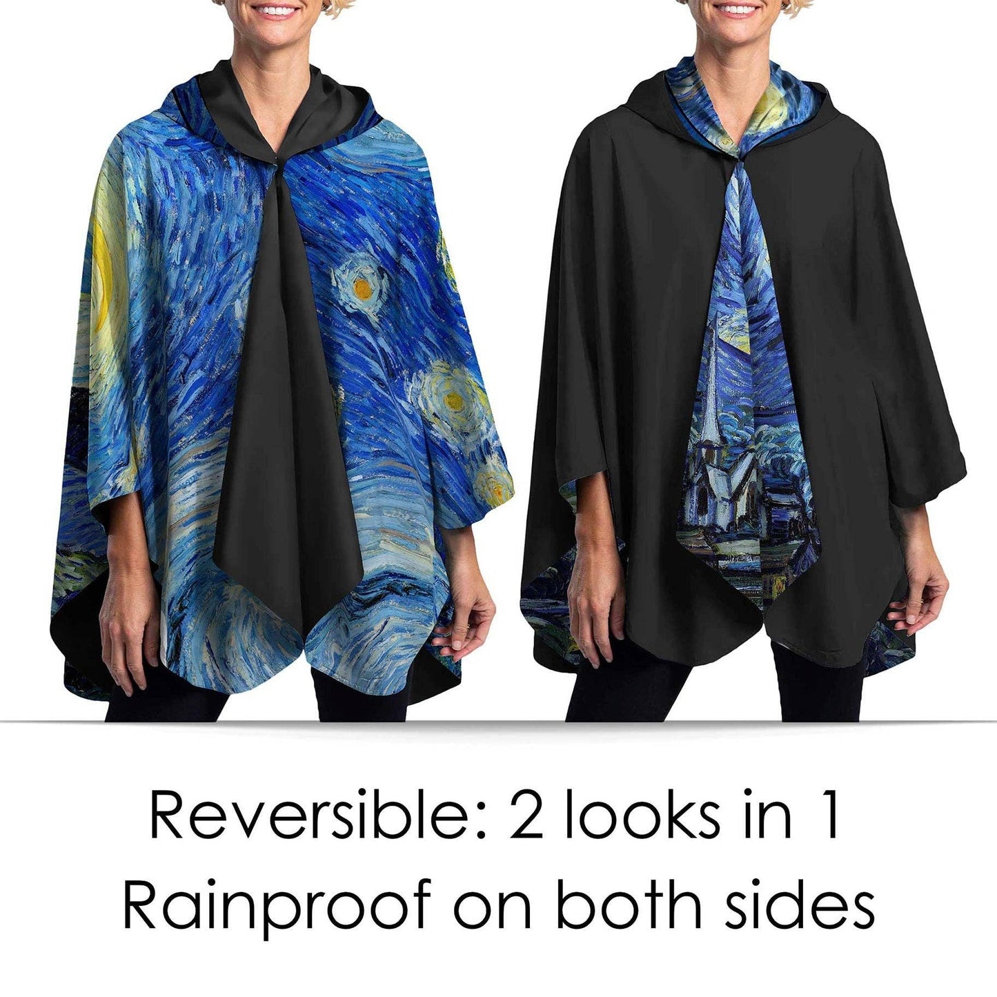 RainCaper - Van Gogh Starry Night Reversible Rain Cape – Lightweight Hooded Wrap for Women