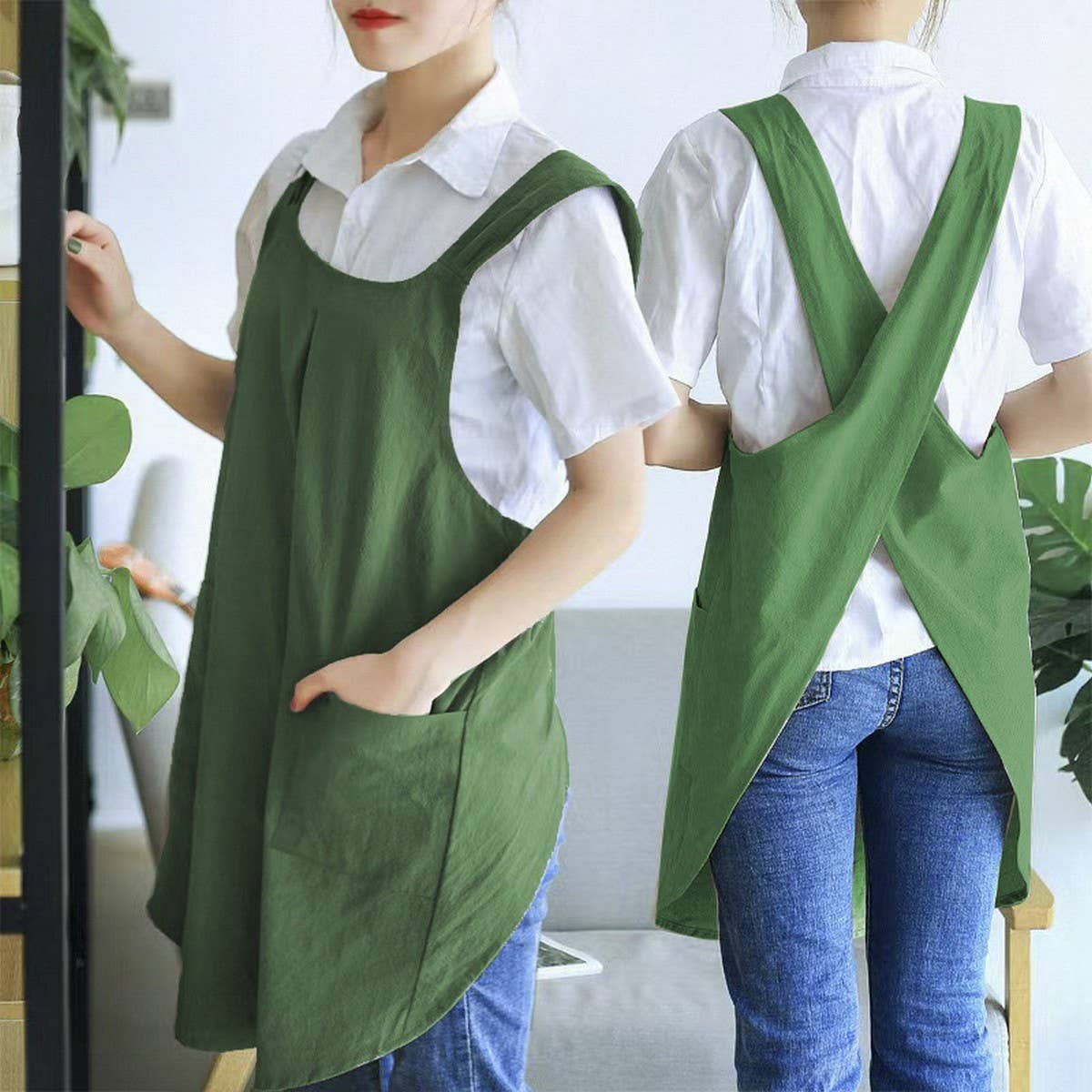 NINEXIS - CWAB3993_COTTON AND LINEN SOLID COLOR TIE-FREE WORK APRON: GREEN / (OS) 1