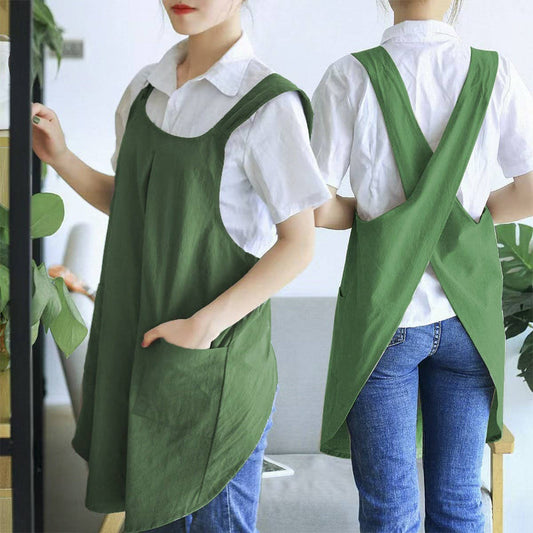 NINEXIS - CWAB3993_COTTON AND LINEN SOLID COLOR TIE-FREE WORK APRON: GREEN / (OS) 1