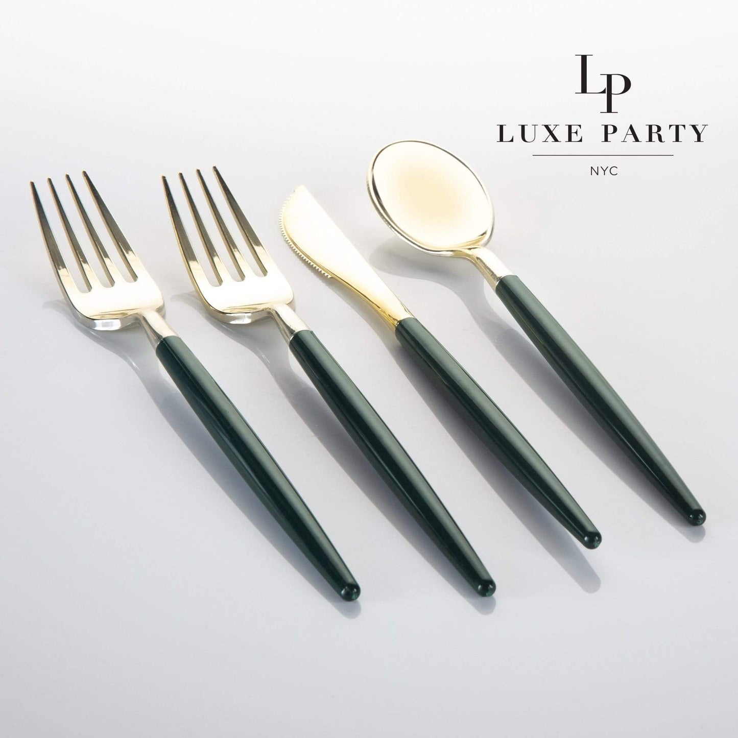 Luxe Party - Emerald • Gold Plastic Cutlery Set | 32 Pieces