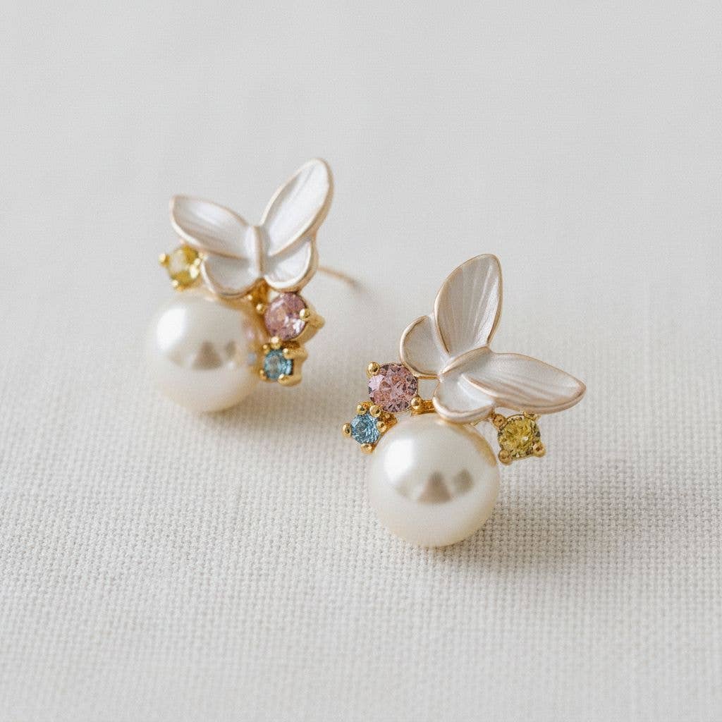 Ellemadera - Vintage French Pearl and Cubic Zirconia Butterfly Stud Earri