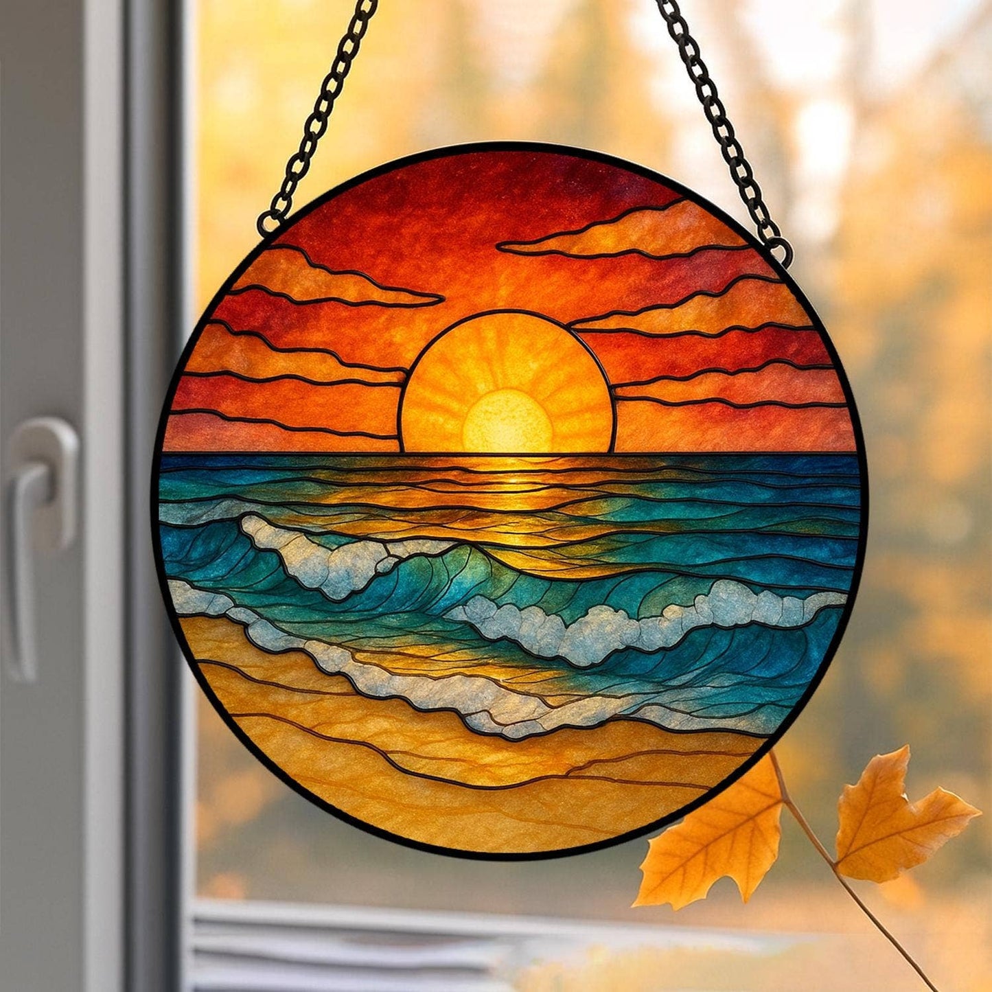 NVC Ecommerce LLC - Beach Sunset Stained Glass Suncatcher, Gift Beach Lover: 11.8in