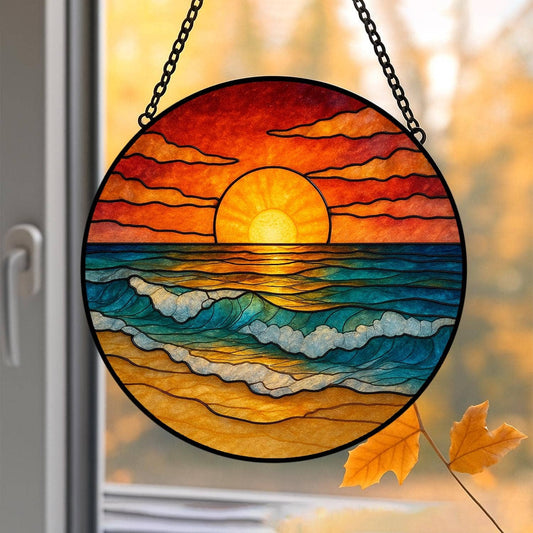 NVC Ecommerce LLC - Beach Sunset Stained Glass Suncatcher, Gift Beach Lover: 11.8in