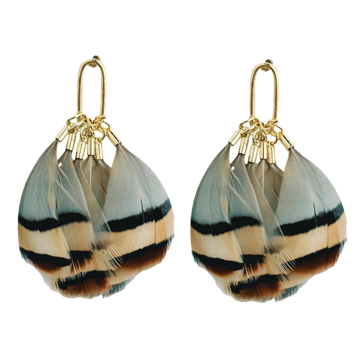 St Armands Designs of Sarasota - Brown Striped Feather Statement Tassel Earrings