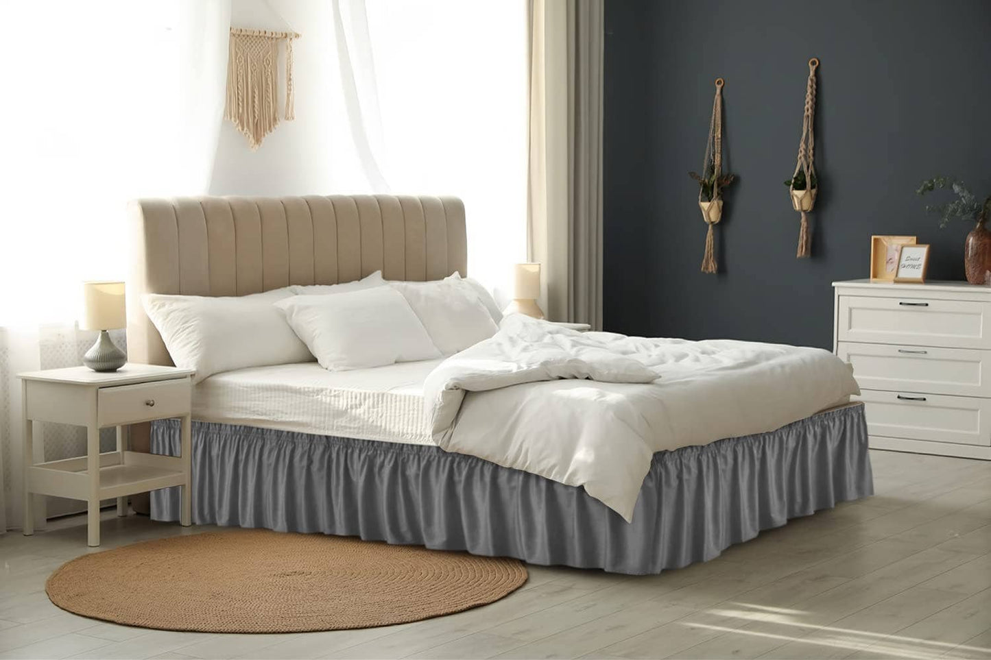 CGK Unlimited - Elastic Wrap-Around Dust Ruffled Bed Skirt- Pleated 15" Drop: Gray / King