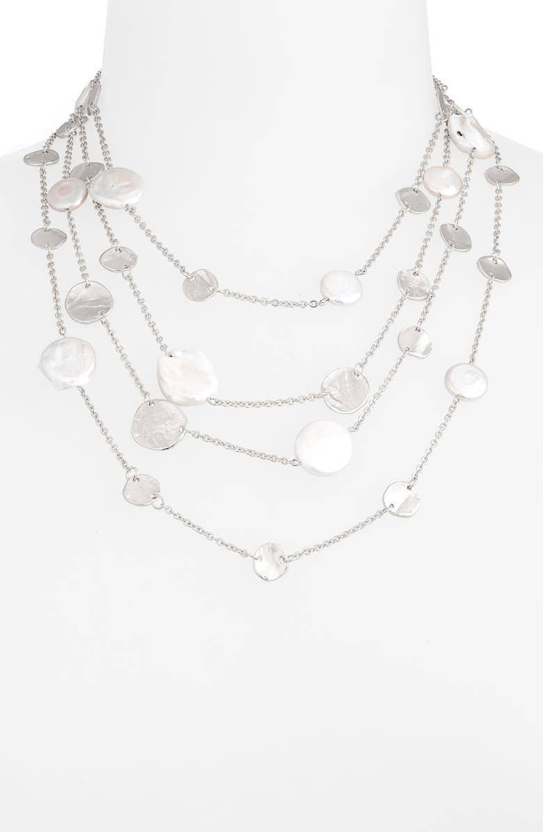 KARINE SULTAN - Chic Multi-Strand Coin & Flat Pearl Statement Necklace: Silver