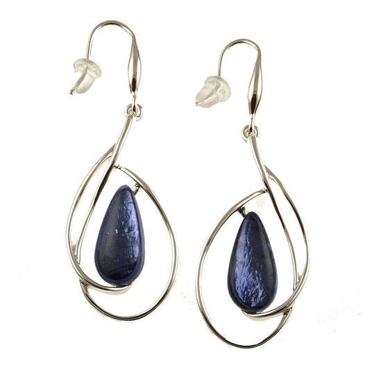 Origin Jewelry - Silver Loop, Teardrop Center Earrings - Purple or Blues: Dark Blue