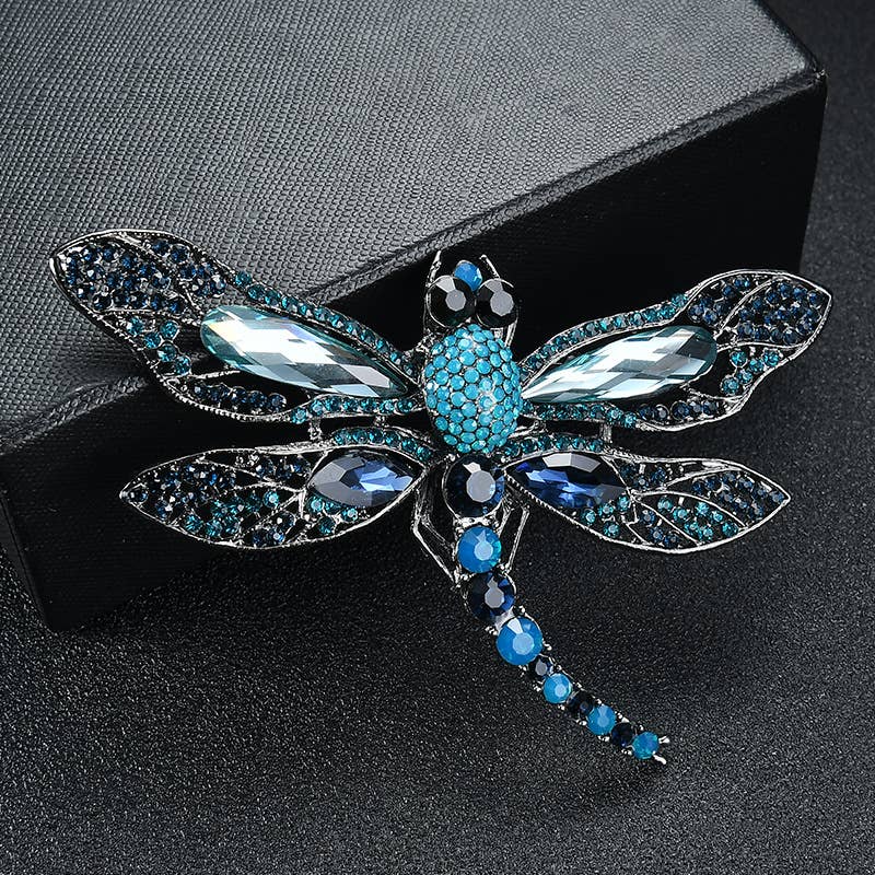 PEACH ACCESSORIES - 1540 Crystals jewelled dragonfly brooch: Blue