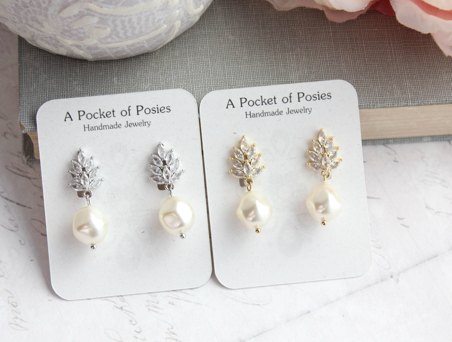 A Pocket of Posies - Glass Leaf Post Earrings | Baroque Pearl | Gold or Silver: Gold Plated
