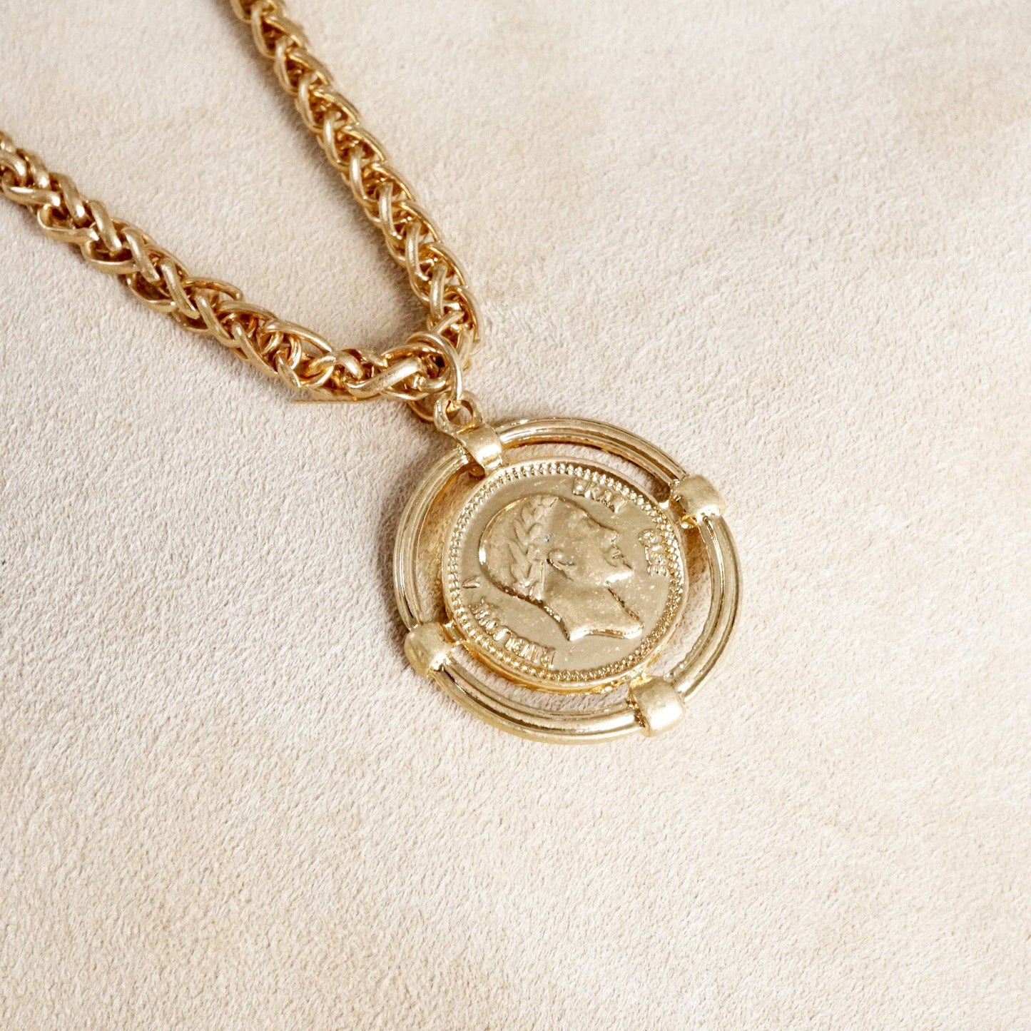 PennyLine inc - Framed Coin Necklace with Worn Gold-Tone Wheat Chain