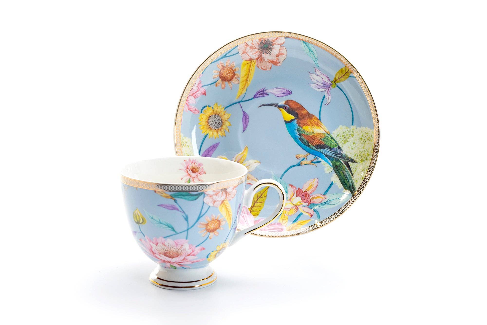 Grace Teaware Spring Flowers Hummingbird Porcelain Cup & Saucer Set - Thumbnail 3