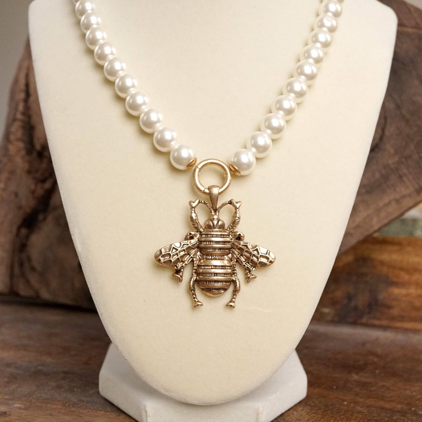 PennyLine inc - Boho Bee Pearls Statement Timeless Necklace in Worn Gold