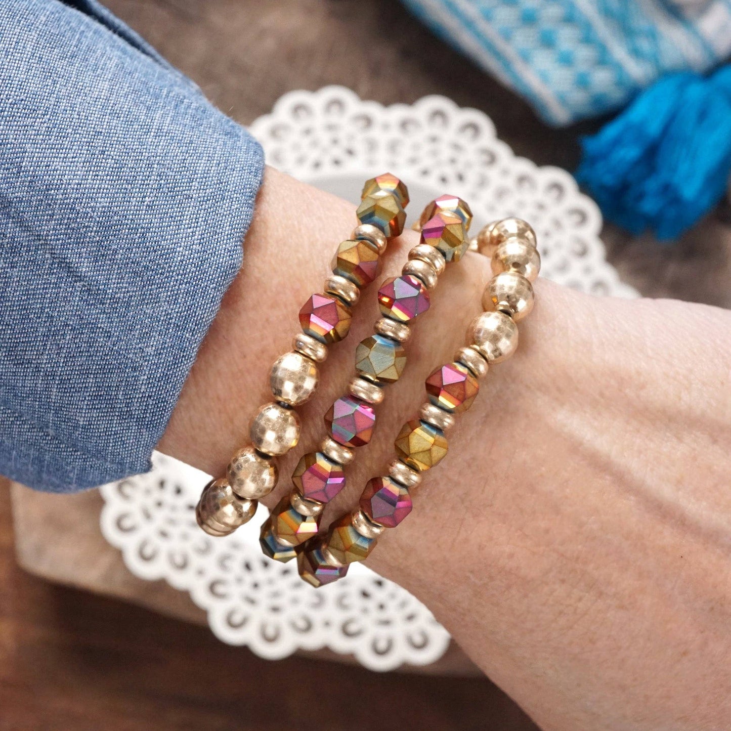 PennyLine inc - Festive Stretchy Beaded bracelet Sets - Gold, Black, Brown, Red: Natural Brown and Green