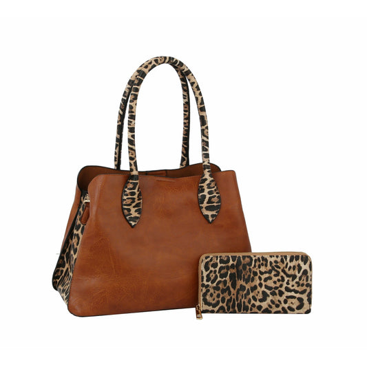 Handbag Factory Corp - HF Leopard Accented Hand Tote Set  HGV-0092W: Brown