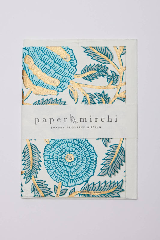 Paper Mirchi - Hand Block Printed Greeting Card - Marigold Glitz Turquoise