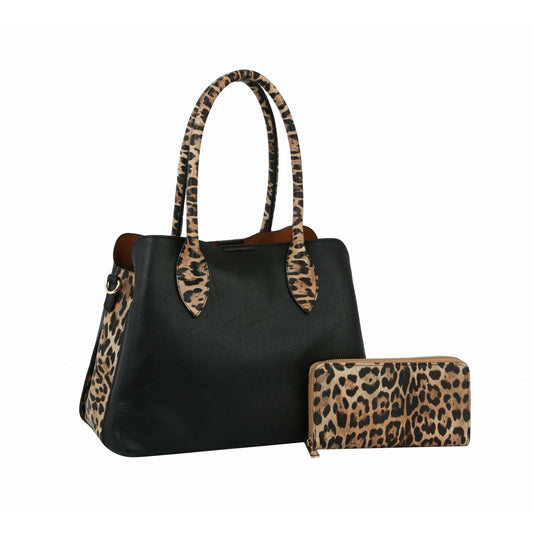 Handbag Factory Corp - HF Leopard Accented Hand Tote Set  HGV-0092W: Black