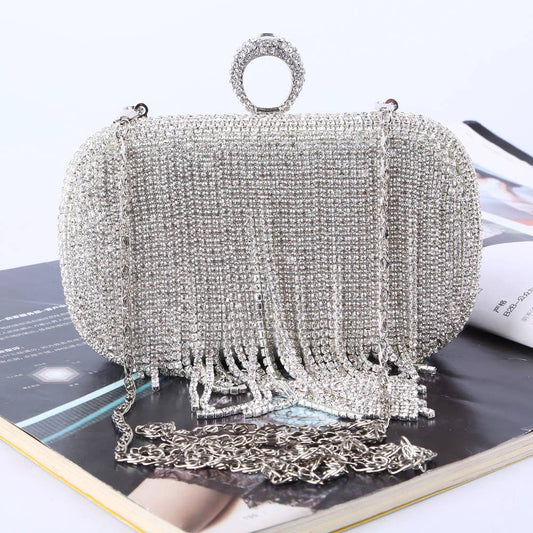 PEACH ACCESSORIES - 6053 Tassels crystal clutch bag  with ring detail in Silver