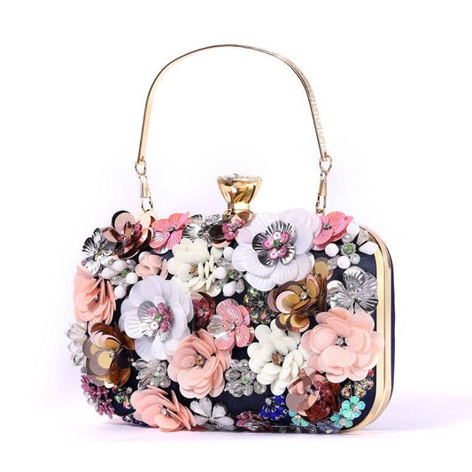 PEACH ACCESSORIES - K020 Floral Embellished Clutch Bag: Black