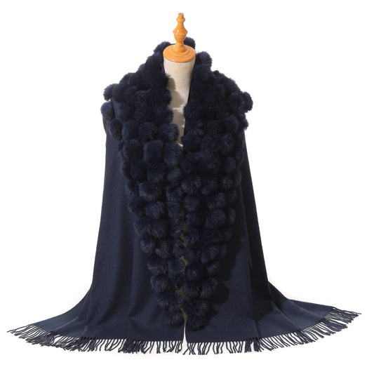 PEACH ACCESSORIES - M304 pompom fur Shawl: Navy