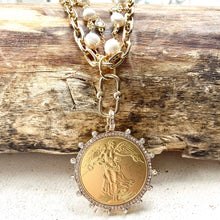 Load image into Gallery viewer, VB&amp;CO Designs Handmade Jewelry - Angel coin medallion necklace pearl gold jewelry crystal: Gold