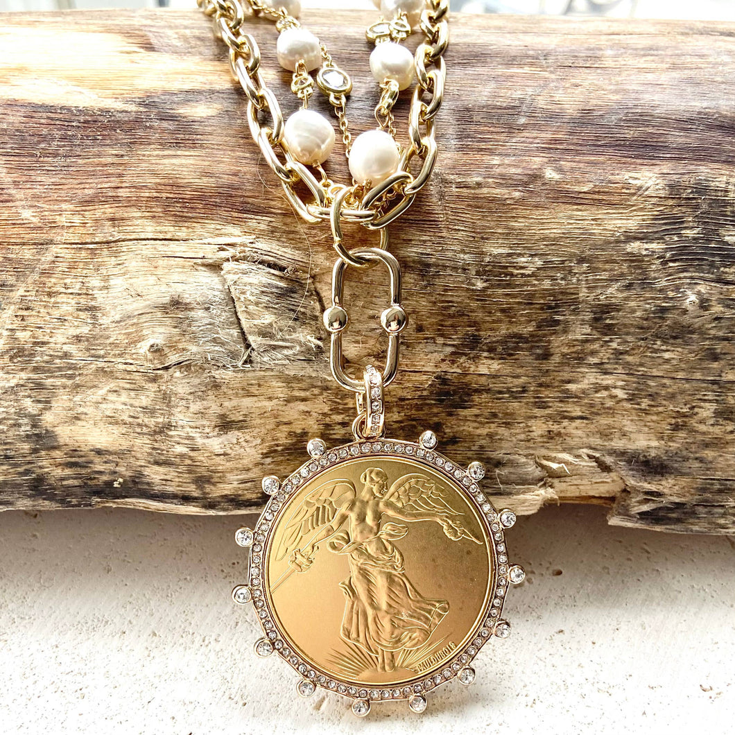 VB&CO Designs Handmade Jewelry - Angel coin medallion necklace pearl gold jewelry crystal: Gold