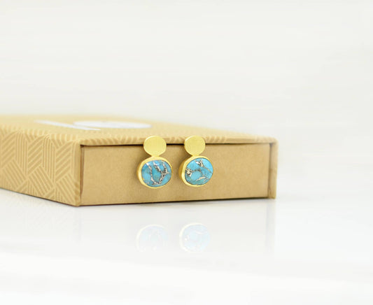 Schmuckoo Berlin - Oval Coin Stud Earring Gold Plated - Blue Turquoise