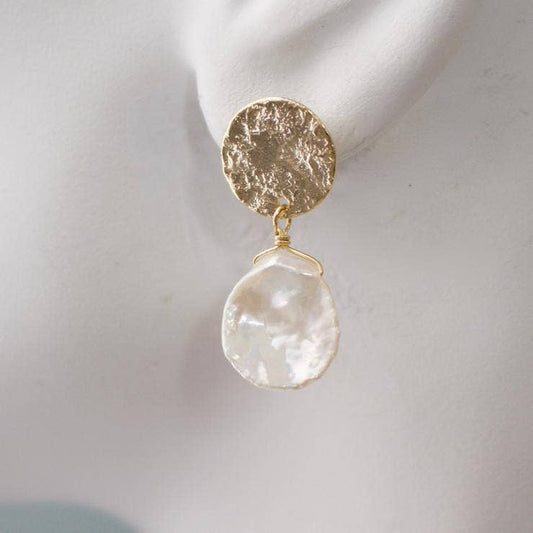 a.v. max - Keshi Pearl w/Disc Top Post Earrings: Pearl/Gold