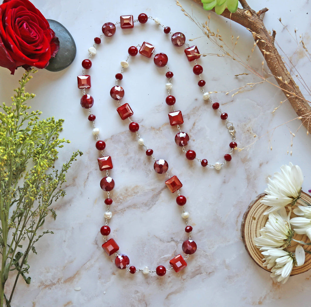 IST Jewelry - Red Mix Shaped Crystals & Pearl Long Necklace