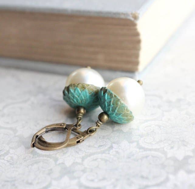 A Pocket of Posies - ivory Pearl Acorn Earrings - Verdigris Patina