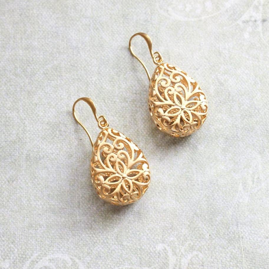 A Pocket of Posies - Gold Teardrop Filigree Earrings - Short: Short